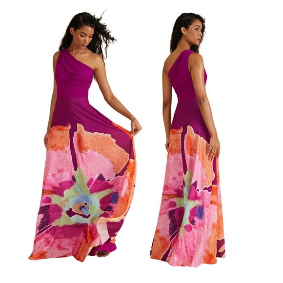 AMUR Dresses & Skirts - Amur Atlas Painterly Gown Maxi Dress One Shoulder Fairy Floral Statement Sz 10